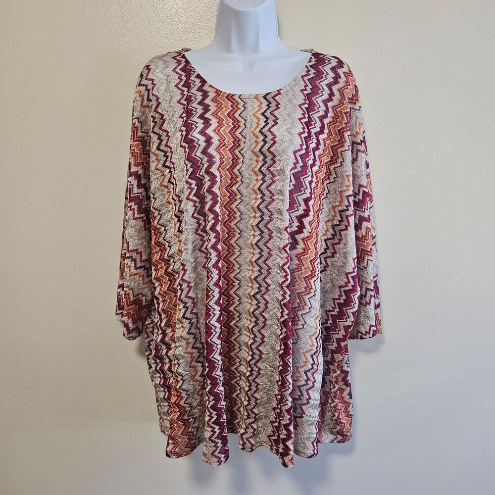 Maggie Barnes Thin Knit Top Retro Sheer Vertical Chervon Artsy Women Plus 4X